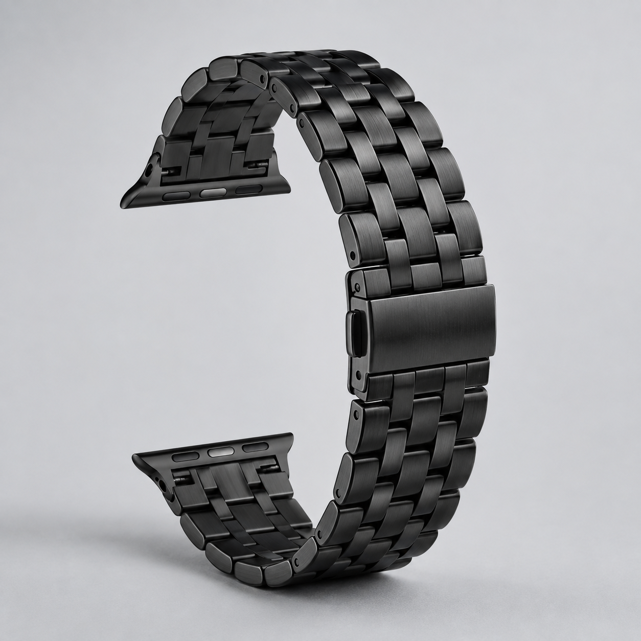 AI concept of a black stainless steel smartwatch band with connector adapters